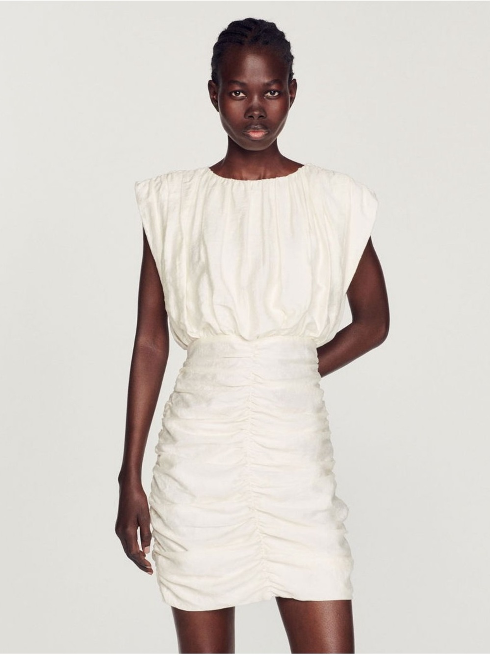 Sandro White Ruched Mini Dress